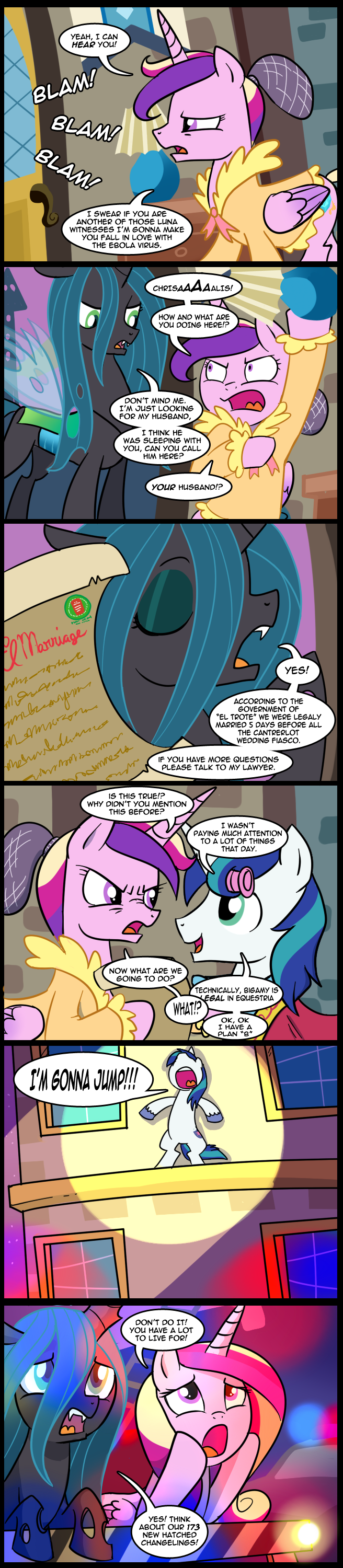 changeling clothed clothing comic cutie_mark dialog dialogue door english_text equine female feral friendship_is_magic fur green_eyes hair horn horse inside lamp madmax male mammal multi-colored_hair my_little_pony paper pink_fur pony princess_cadance_(mlp) princess_cadence_(mlp) purple_eyes queen_chrysalis_(mlp) shining_armor_(mlp) text two_tone_hair unicorn white_fur window winged_unicorn wings