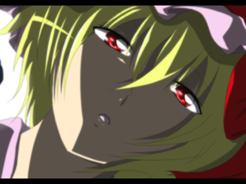 anime_coloring blonde_hair face flandre_scarlet hat open_mouth red_eyes rhine short_hair solo touhou