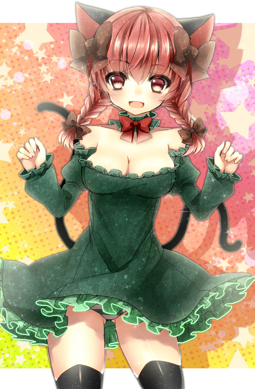 :d animal_ears bad_id bad_pixiv_id banned_artist bare_shoulders black_legwear bow braid breasts cat_ears cat_tail cleavage collarbone dress frills hair_bow highres kaenbyou_rin lens_flare medium_breasts multiple_tails nekomata open_mouth panties red_eyes red_hair smile solo sparkle star striped striped_panties tail thighhighs touhou tsukiriran twin_braids underwear