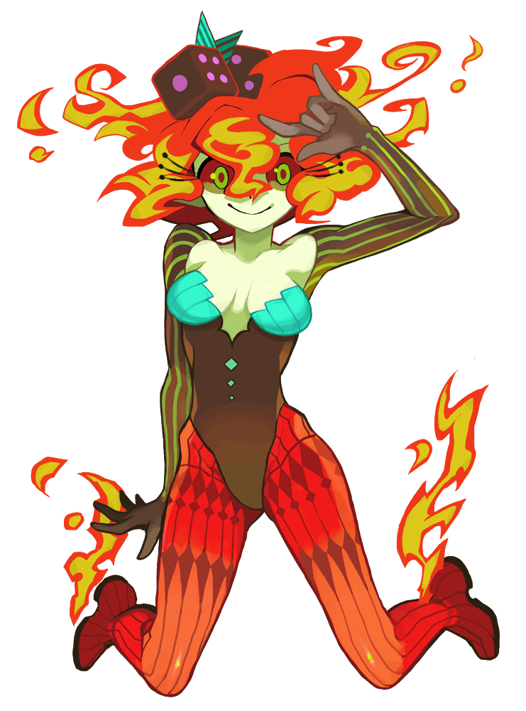 \m/ breasts dice fire full_body looking_at_viewer medium_breasts original pantyhose santou_suihei smile solo transparent_background