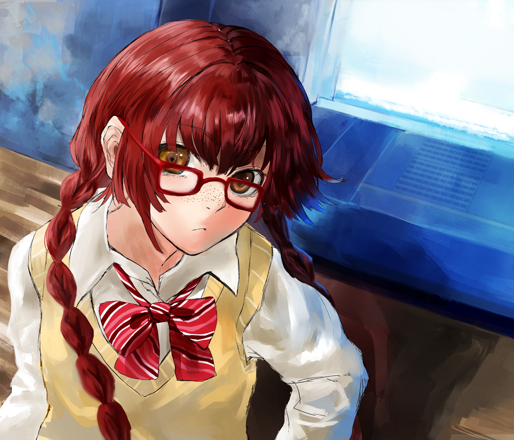 :&lt; bad_id bad_pixiv_id bow bowtie braid brown_eyes freckles glasses hair_over_shoulder harunoibuki long_hair looking_at_viewer original red-framed_eyewear red_hair school_uniform solo sweater_vest twin_braids upper_body