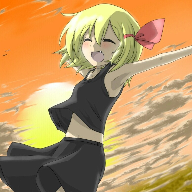 :d ^_^ adapted_costume alternate_costume armpits blonde_hair bow closed_eyes cloud collarbone fang flying hair_bow midriff navel nobamo_pieruda open_mouth outstretched_arms rumia short_hair skirt skirt_set sky smile solo sunset tank_top touhou wind wind_lift