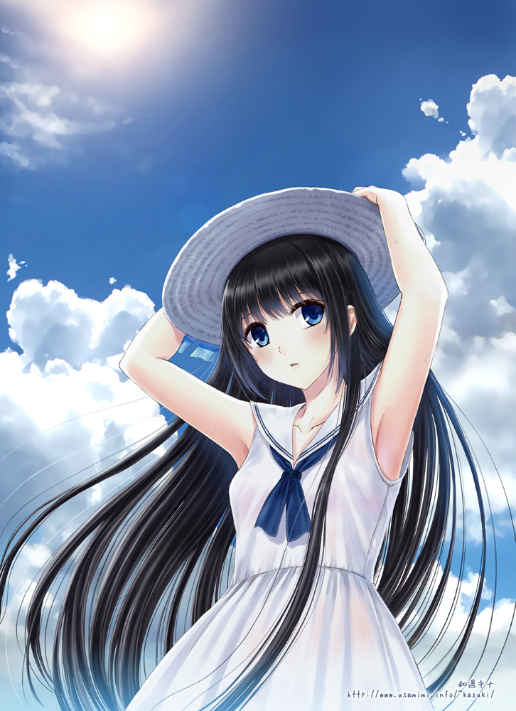armpits arms_up bangs bare_arms black_hair blue_eyes blush cloud cloudy_sky collarbone commentary_request day dress hands_on_headwear hat kazuharu_kina long_hair original outdoors sky sleeveless sleeveless_dress solo watermark web_address