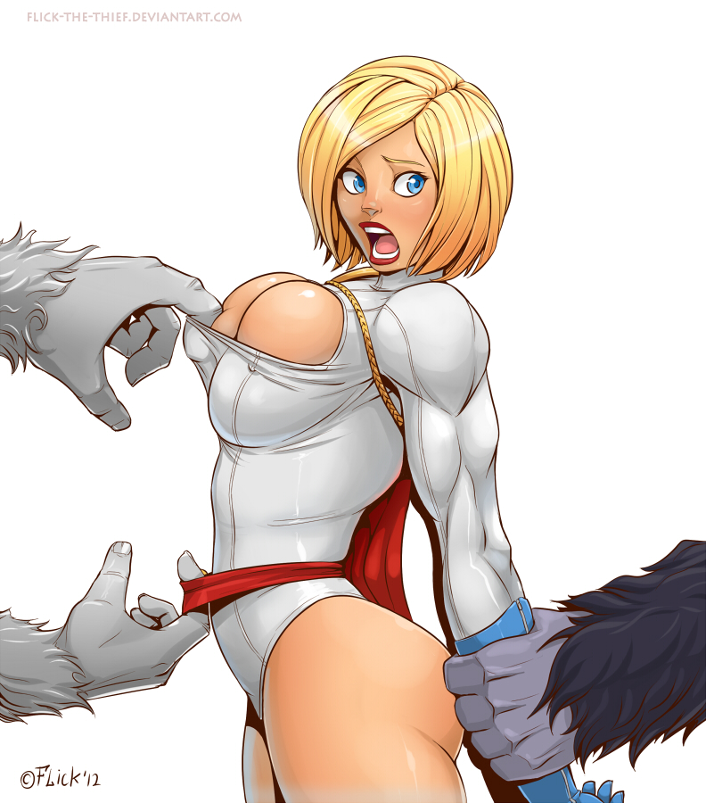 big_breasts blonde_hair blue_eyes boob_window breast_squish breasts cleavage clothed clothes_pull clothing dc_comics female flick-the-thief forced fur grey_body hair hand_holding huge_breasts human mammal muscles muscular_female open_mouth power_girl rape red_lips shiny short_hair side_view standing tight_clothing