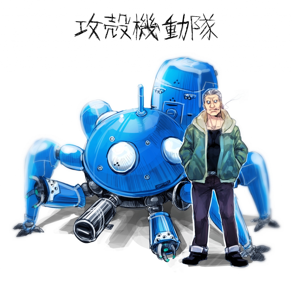 bad_id bad_pixiv_id batou cigar ghost_in_the_shell ghost_in_the_shell_stand_alone_complex mayuki_(ubiquitous) ponytail robot tachikoma white_eyes white_hair