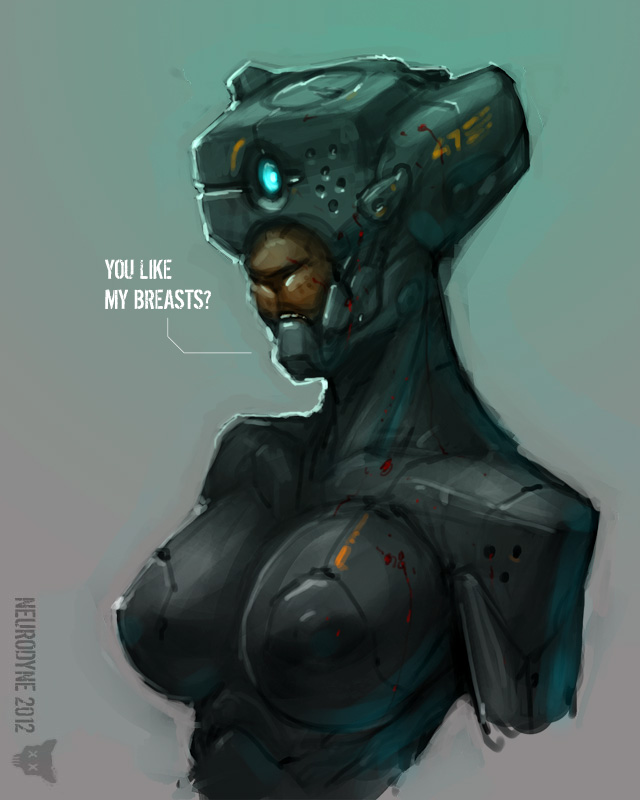 assassin augmentation augmented big_breasts blood blood_splatter breasts creepy cybernetic dialog dialogue doodle english_text female future glowing gore huge_breasts neurodyne plain_background scary sci-fi scifi solo splatter text