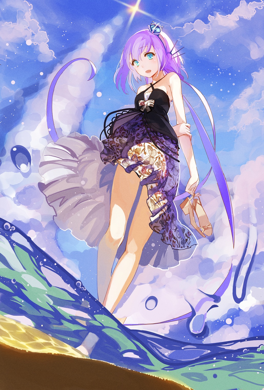 aoki_lapis arms_behind_back bare_shoulders barefoot blue_eyes cloud day dress dutch_angle from_below hair_ornament highres holding holding_arm holding_shoes legs liftoff long_hair looking_at_viewer open_mouth partially_underwater_shot print_dress purple_hair samail shoes shoes_removed sky smile solo tourmaline twintails very_long_hair vocaloid wading water water_drop wet_lens