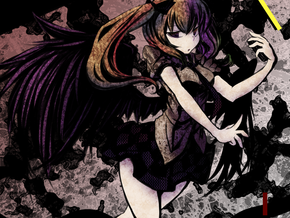 bad_id bad_pixiv_id bird_wings black_wings blonde_hair cellphone hat himekaidou_hatate long_hair multicolored multicolored_eyes open_mouth phone purple_eyes purple_hair ringed_eyes solo tokin_hat touhou twintails wings yagi_(sinnsyou)