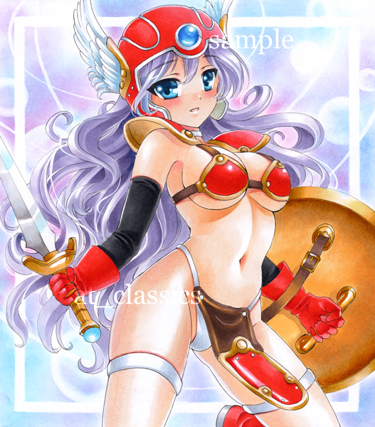 armor at_classics bikini_armor blue_eyes blush choker dragon_quest dragon_quest_iii elbow_gloves gloves helmet long_hair purple_hair sample shield soldier_(dq3) solo sword thigh_strap weapon winged_helmet