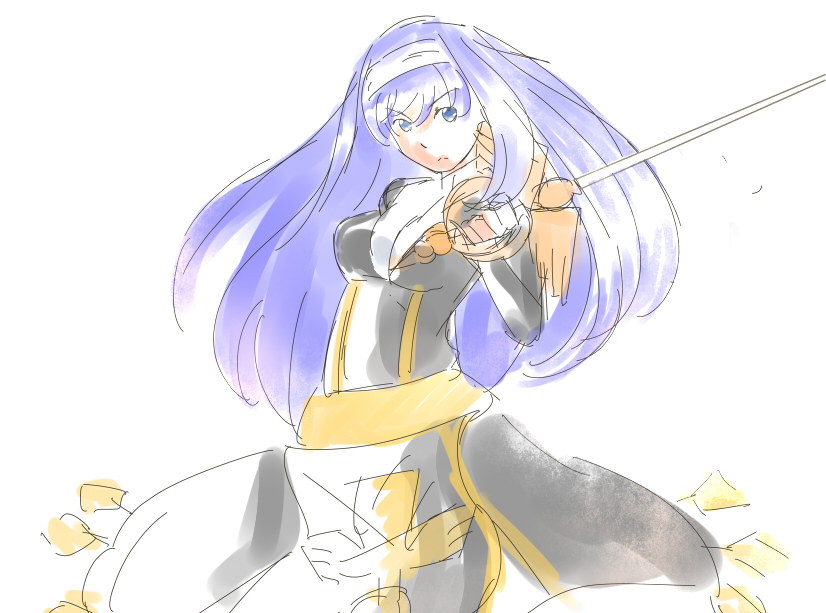 armor armored_dress blue_eyes blue_hair dress fighting_stance hairband left-handed long_hair orie_(under_night_in-birth) rapier sketch solo sword tthal under_night_in-birth weapon
