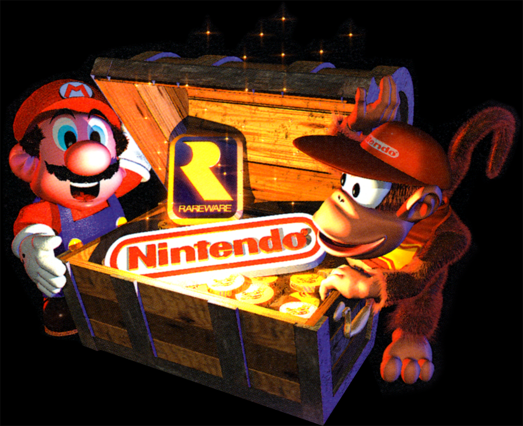 2boys animal blue_eyes crossover diddy_kong donkey_kong_(series) donkey_kong_country_2 facial_hair game gold hat logo male male_focus mario mario_(series) monkey multiple_boys mustache nintendo official_art overalls rareware shiny super_mario_bros. suspenders treasure_chest