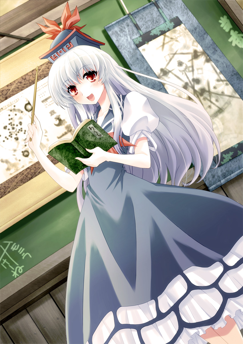 baton blue_hair blush book chalkboard dress hat highres kamishirasawa_keine komiru long_hair open_mouth red_eyes scroll short_sleeves silver_hair smile solo teaching tokin_hat touhou