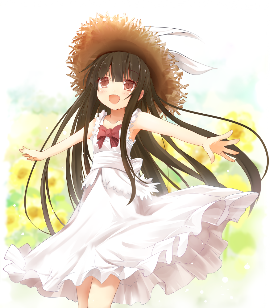 alternate_costume black_hair brown_eyes dress efe flower hat houraisan_kaguya long_hair open_mouth outstretched_arms smile solo spread_arms straw_hat sundress sunflower touhou very_long_hair