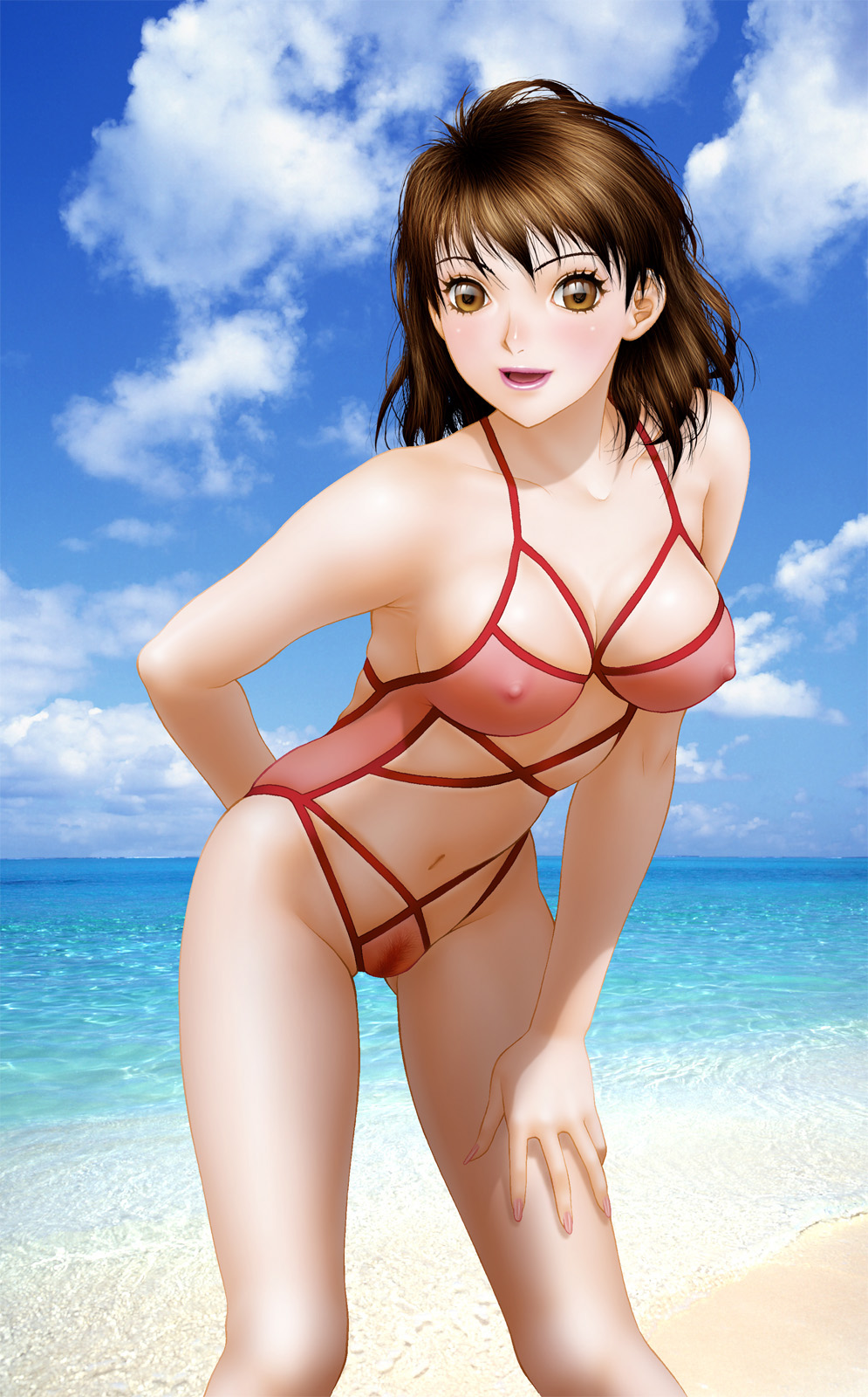 bare_shoulders beach breasts brown_eyes brown_hair day highres large_breasts leaning_forward lips looking_at_viewer navel nipples original outdoors pubic_hair see-through solo swimsuit water yui_toshiki