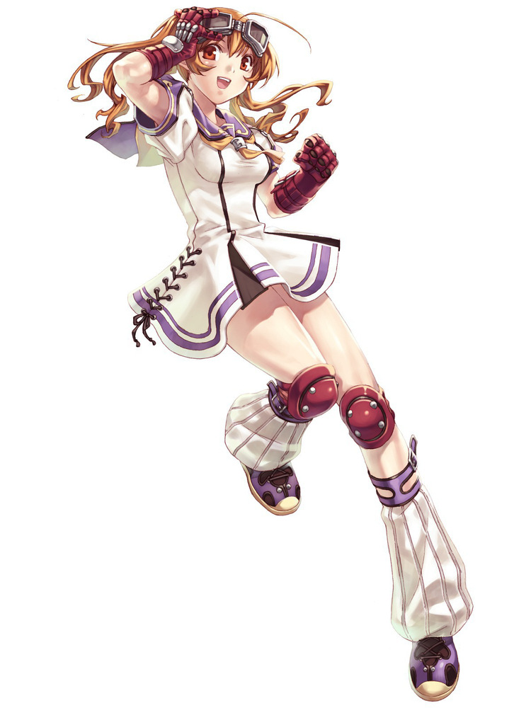 blazing_souls boots brown_eyes brown_hair clenched_hand full_body gloves goggles goggles_on_head hirano_katsuyuki knee_boots leg_warmers lyedia_(spectral_souls) official_art sailor_collar shoes short_hair skirt smile solo spectral_(series) standing standing_on_one_leg twintails white_background