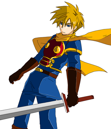 belt blonde_hair blue_eyes character_request golden_sun konpei lowres male male_focus robin_(golden_sun) solo sword weapon