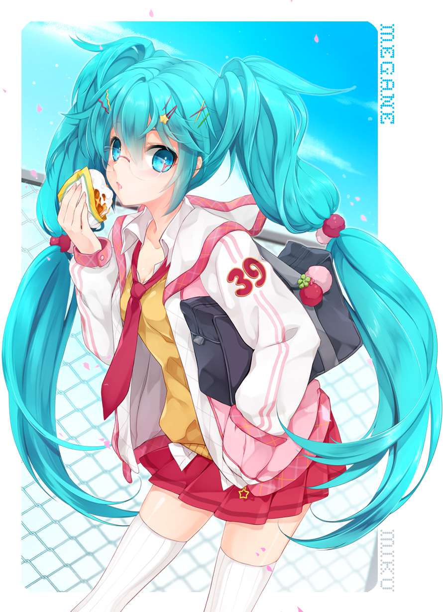 39 aqua_hair bag bespectacled blue_eyes casual collarbone food glasses hair_ornament hairclip hand_in_pocket hatsune_miku highres holding jacket juna long_hair necktie pleated_skirt skirt solo sweater thighhighs twintails very_long_hair vocaloid waffle white_legwear zettai_ryouiki