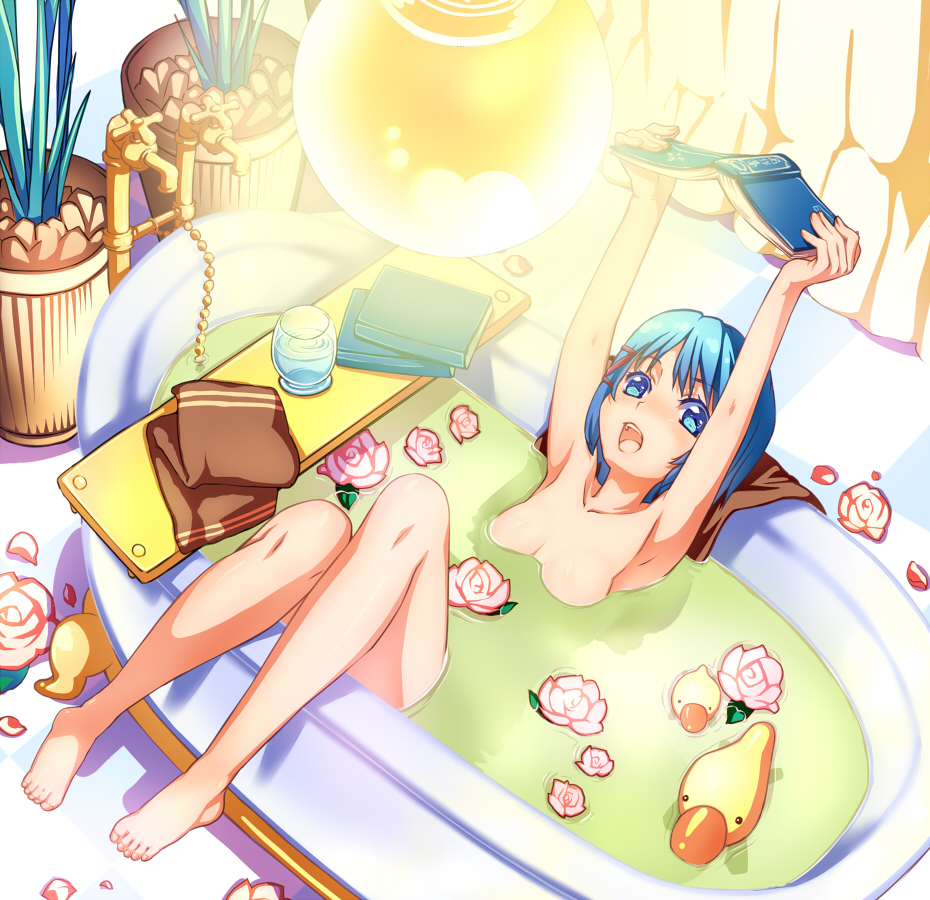 armpits arms_up bath blue_eyes blue_hair book checkered checkered_floor collarbone feet flower hair_tie holding kawagoe_pochi nude open_book open_mouth original plant reading rubber_duck short_hair solo toes towel water