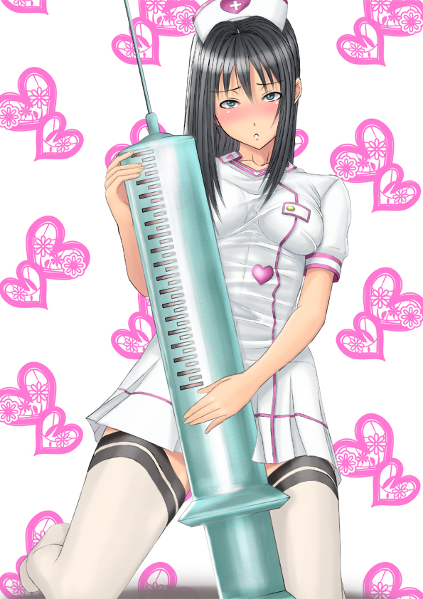 :o black_eyes black_hair blush hat heart impossible_clothes large_syringe long_hair looking_at_viewer muffin_(sirumeria) no_shoes nurse nurse_cap open_mouth original oversized_object solo syringe thighhighs uniform white_legwear