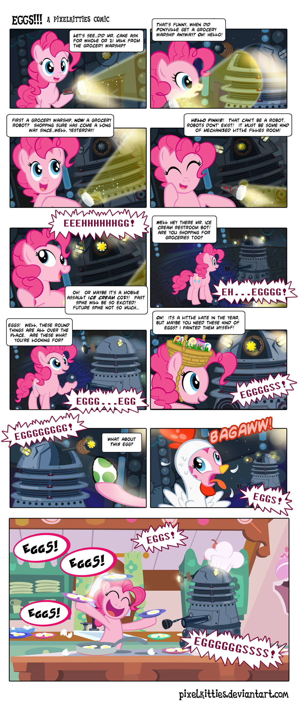 comic crossover cutie_mark dalek dialog doctor_who egg english_text equine female feral flashlight friendship_is_magic horse kitchen mammal my_little_pony pinkie_pie_(mlp) pixelkitties pony text