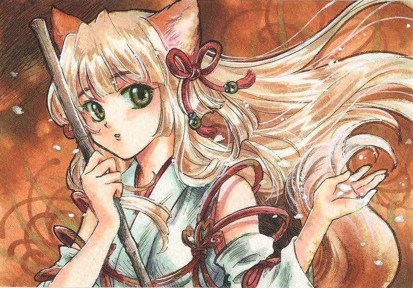 animal_ears blonde_hair copyright_request fox_ears grey_eyes japanese_clothes long_hair looking_at_viewer marker_(medium) miko ochon parted_lips solo staff traditional_media uniform