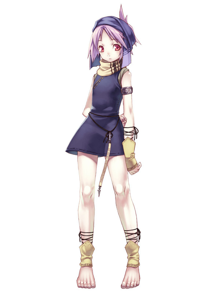 anklet arm_behind_back armlet barefoot blazing_souls character_request expressionless full_body hand_on_own_arm hirano_katsuyuki jewelry official_art purple_hair red_eyes short_hair skirt solo spectral_(series) white_background