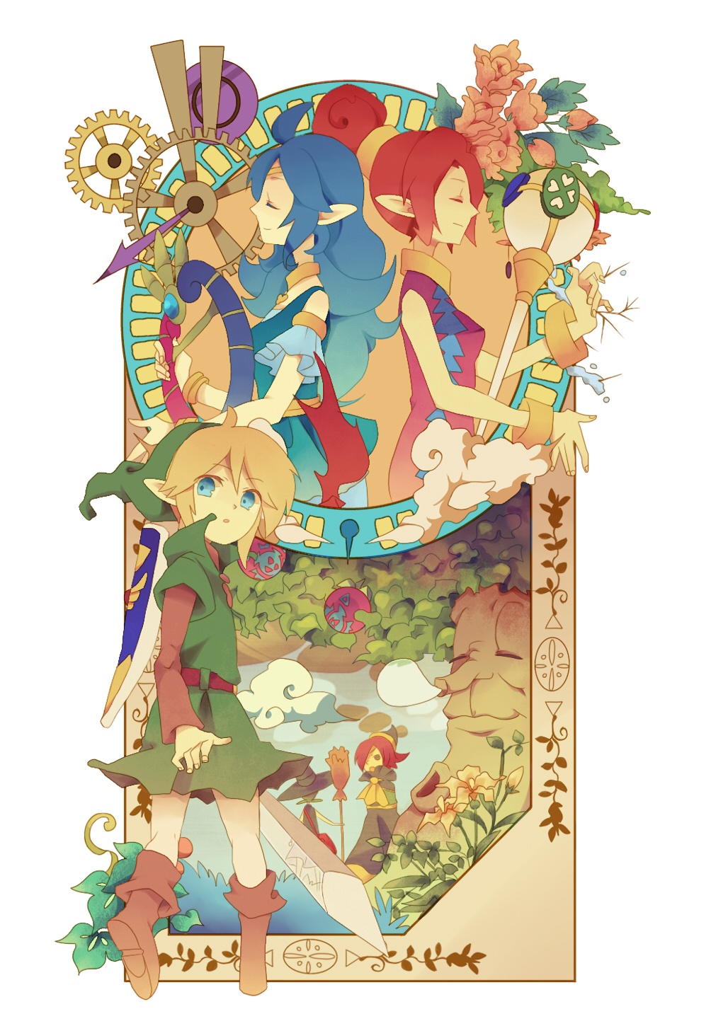 3girls bad_id bad_pixiv_id blonde_hair blue_eyes blue_hair broom closed_eyes cloud din frame harp hat highres holding holding_sword holding_weapon instrument left-handed link long_hair maple_(the_legend_of_zelda) multiple_boys multiple_girls nayru pointy_ears ralph_(the_legend_of_zelda) red_hair scepter shield sword the_legend_of_zelda the_legend_of_zelda:_oracle_of_ages the_legend_of_zelda:_oracle_of_seasons tree weapon witch_hat wristband yachi_kou