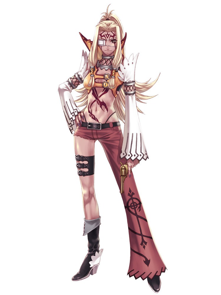 asymmetrical_clothes belt blazing_souls blonde_hair boots brown_eyes character_request detached_sleeves eyepatch full_body gun hair_tubes hand_on_hip hirano_katsuyuki knee_boots leg_garter long_hair midriff navel official_art ponytail revealing_clothes sidelocks single_pantsleg smile solo spectral_(series) tattoo weapon white_background