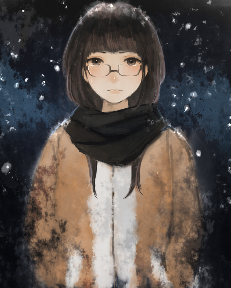 black_scarf brown_eyes brown_hair coat crying crying_with_eyes_open glasses mo-mantai original scarf snow solo tears