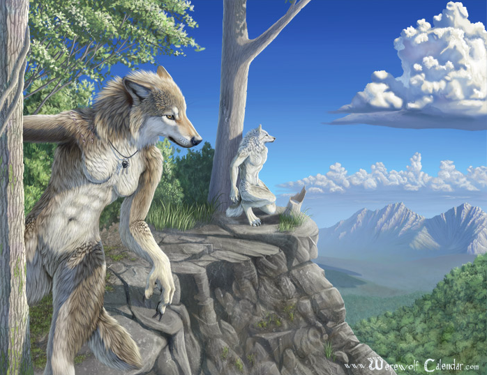 abs amulet anthro biceps canine clouds female forest kneeling male nude pecs solo tree werewolf_calendar wolf wood