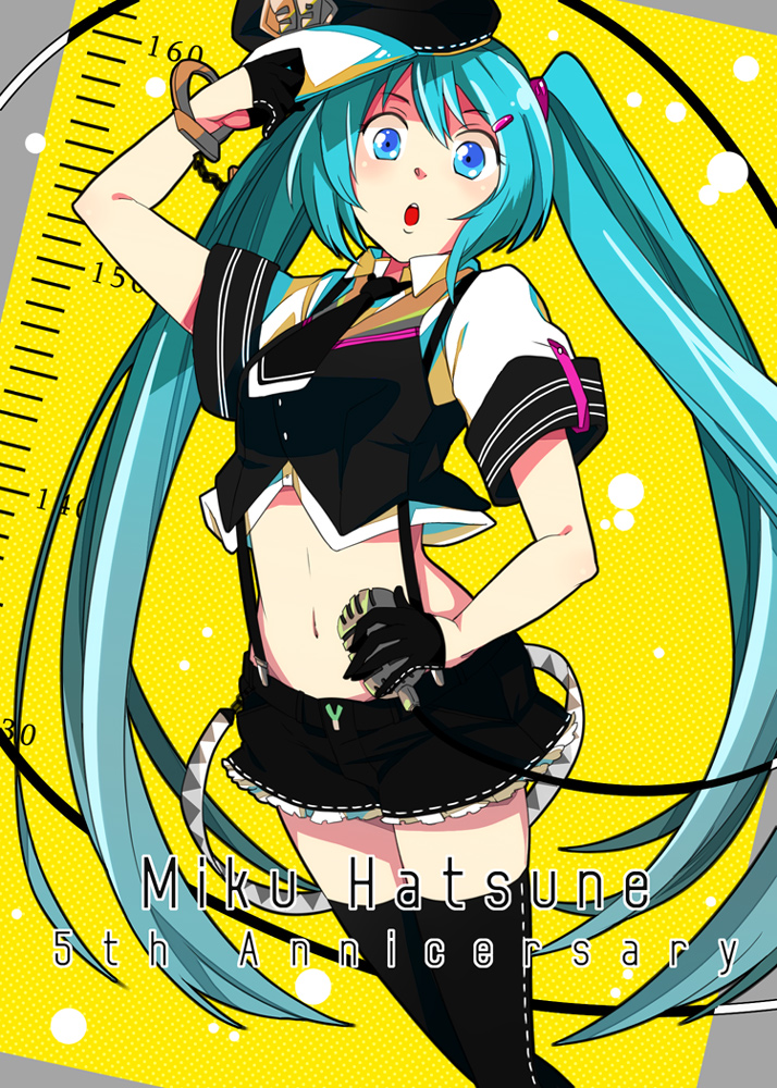 39 aqua_eyes aqua_hair bad_id bad_pixiv_id character_name gloves hat hatsune_miku long_hair midriff navel necktie open_mouth solo suspenders thighhighs tomann twintails very_long_hair vocaloid