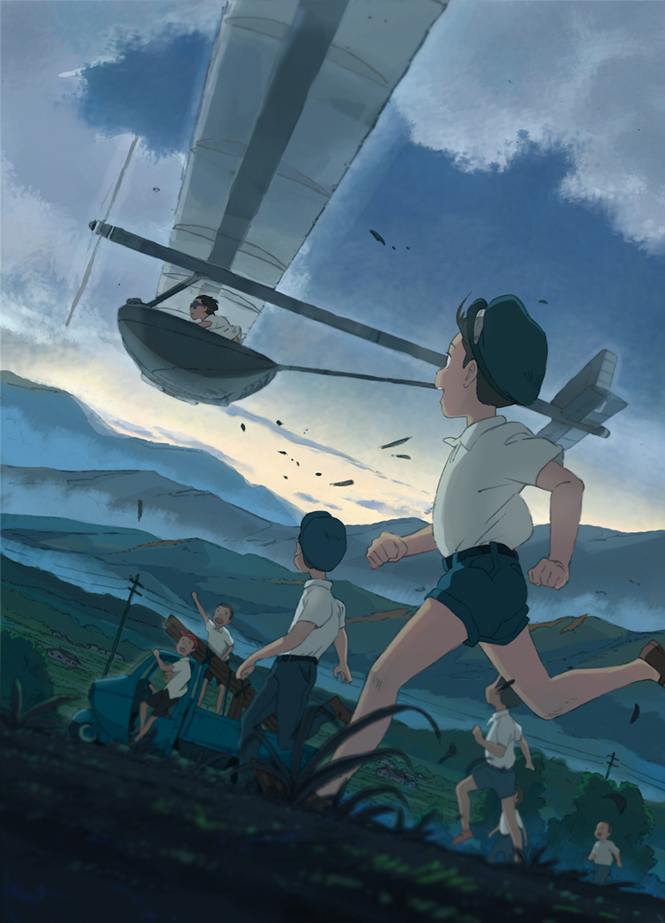 aircraft black_hair brown_hair cabbie_hat cloud dutch_angle field goggles grass ground_vehicle hat hill house male_focus motor_vehicle multiple_boys open_mouth original pants pointing power_lines q; running shirt shoes short_hair shorts sky tree truck