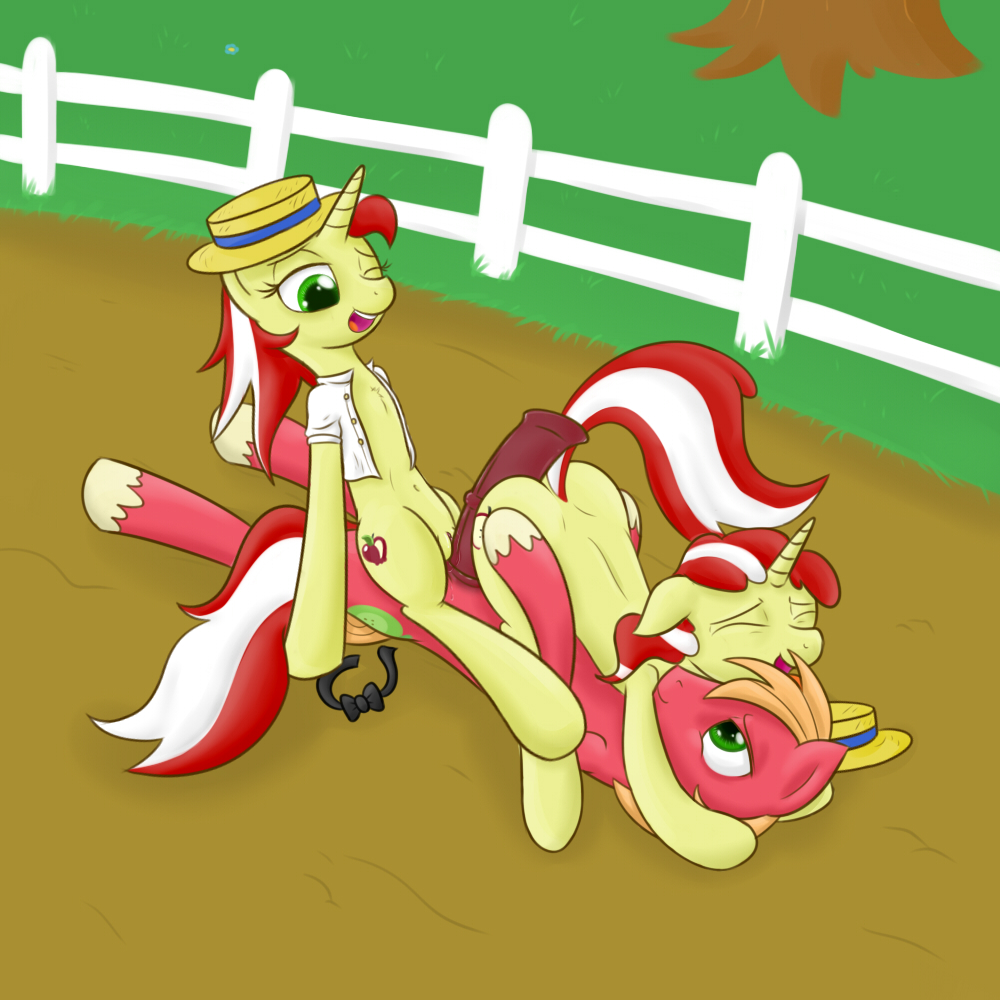 big_macintosh big_macintosh_(mlp) crossgender cutie_mark equine erection eyes_closed female fence feral flam flam_(mlp) flim flim_(mlp) friendship_is_magic grass green_eyes hat horn horse horsecock hot_dogging male mammal my_little_pony one_eye_closed open_mouth outside penis pony public pussy rule_63 straight tree unicorn w300 wood