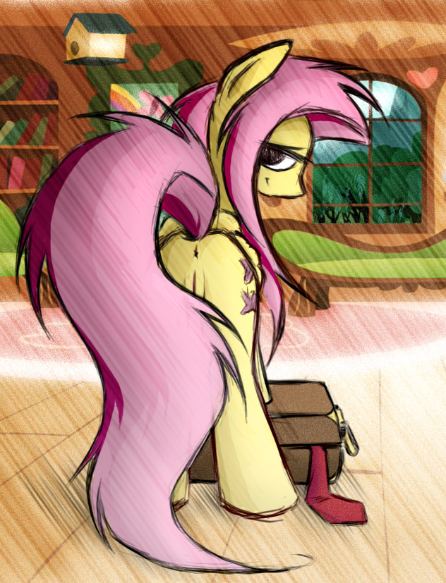 anus butt cute cutie_mark equine female feral fluttershy fluttershy_(mlp) friendship_is_magic hair kejzfox looking_at_viewer looking_back mammal my_little_pony necktie pegasus pink_hair pussy smile solo suitcase wings