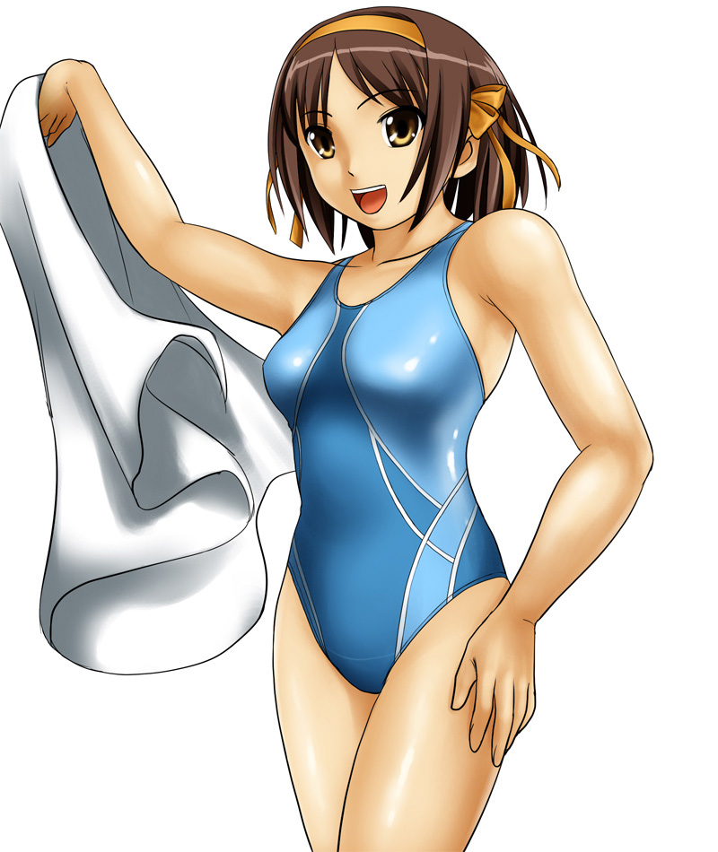 competition_swimsuit one-piece_swimsuit suzumiya_haruhi suzumiya_haruhi_no_yuuutsu swimsuit towel