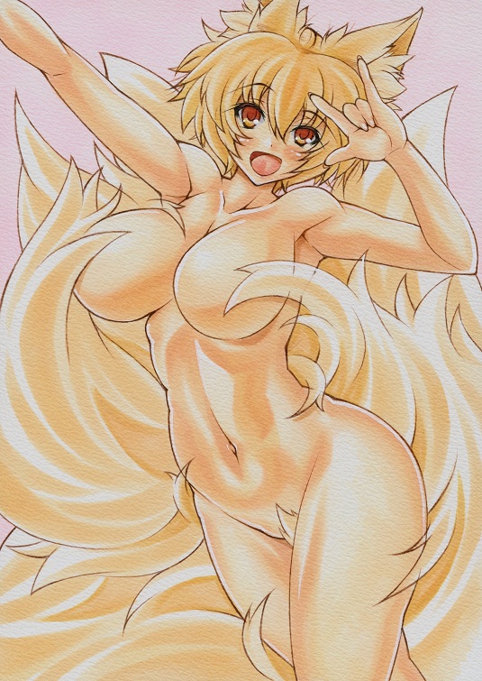 animal_ears blonde_hair blush breasts brown_eyes censored convenient_censoring curvy fox_ears fox_tail large_breasts multiple_tails navel no_hat no_headwear nude open_mouth pink_background short_hair simple_background solo tail tail_censor touhou yakumo_ran yutakasan-love