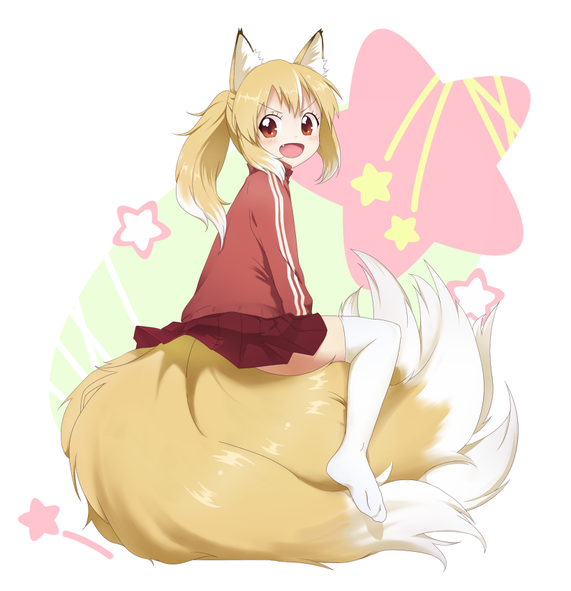 :d animal_ears blonde_hair commentary_request fang fox_ears fox_tail jacket multiple_tails naraba_yueni open_mouth orange_eyes original ponytail short_hair sitting_on_own_tail skirt smile solo star tail thighhighs track_jacket v-shaped_eyebrows