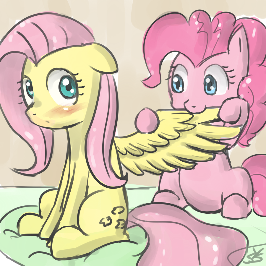 blush couple cutie_mark duo equine female feral fluttershy_(mlp) friendship_is_magic fur hair horse mammal my_little_pony pegasus pink_fur pink_hair pinkie_pie_(mlp) plain_background pony preening speccysy wings yellow_fur