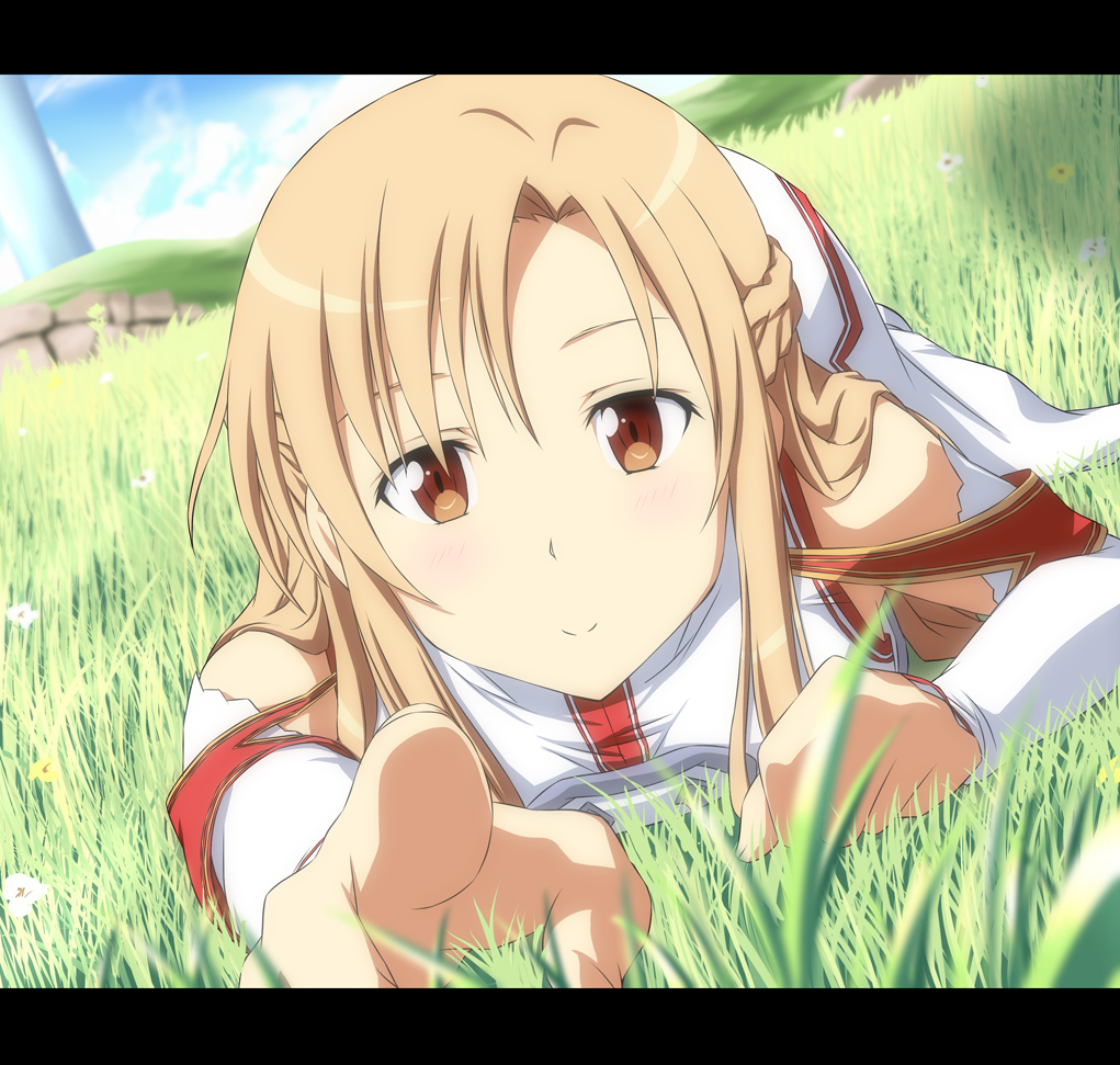 armor asuna_(sao) bare_shoulders braid brown_eyes brown_hair commentary_request day dutch_angle flower foreshortening grass letterboxed long_hair looking_at_viewer lying nori_tamago on_stomach outstretched_arm pointing pointing_at_viewer sky smile solo sword_art_online