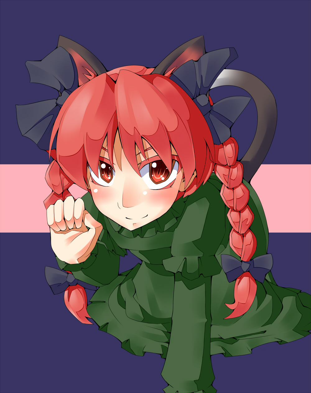 animal_ears bad_id bad_pixiv_id blush bow braid cat_ears cat_tail futomashio hair_bow highres kaenbyou_rin long_hair long_sleeves puffy_sleeves red_eyes red_hair smile solo tail touhou twin_braids
