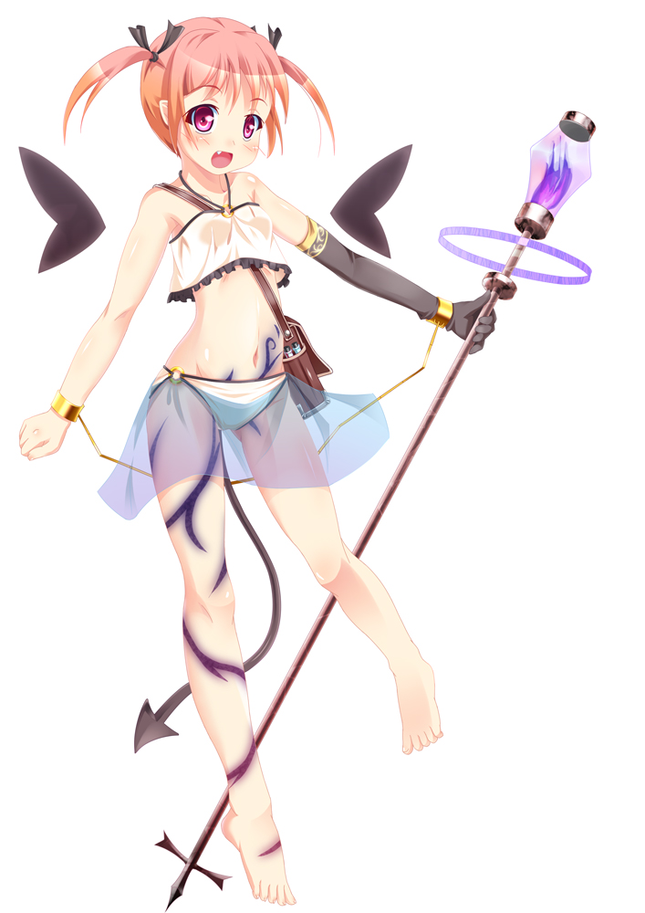:d bag bare_shoulders blush copyright_request cuffs demon_tail elbow_gloves gloves midriff navel open_mouth orange_hair purple_eyes satchel sekine_irie short_hair simple_background skirt smile solo staff tail white_background wings