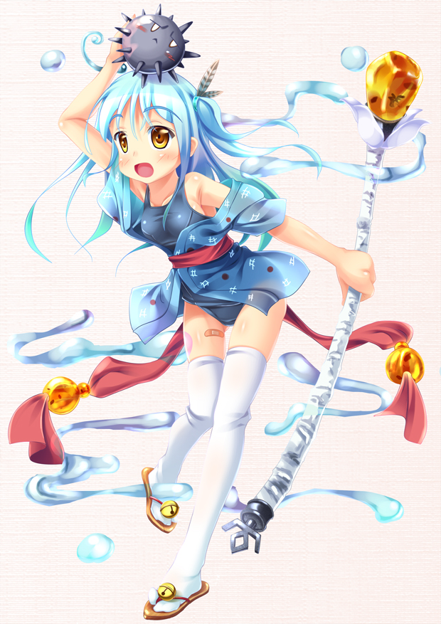 :d bell bells blue_hair blush irie_sekine japanese_clothes kimono long_hair open_mouth sandals sekine_irie smile staff swimsuit thighhighs yellow_eyes