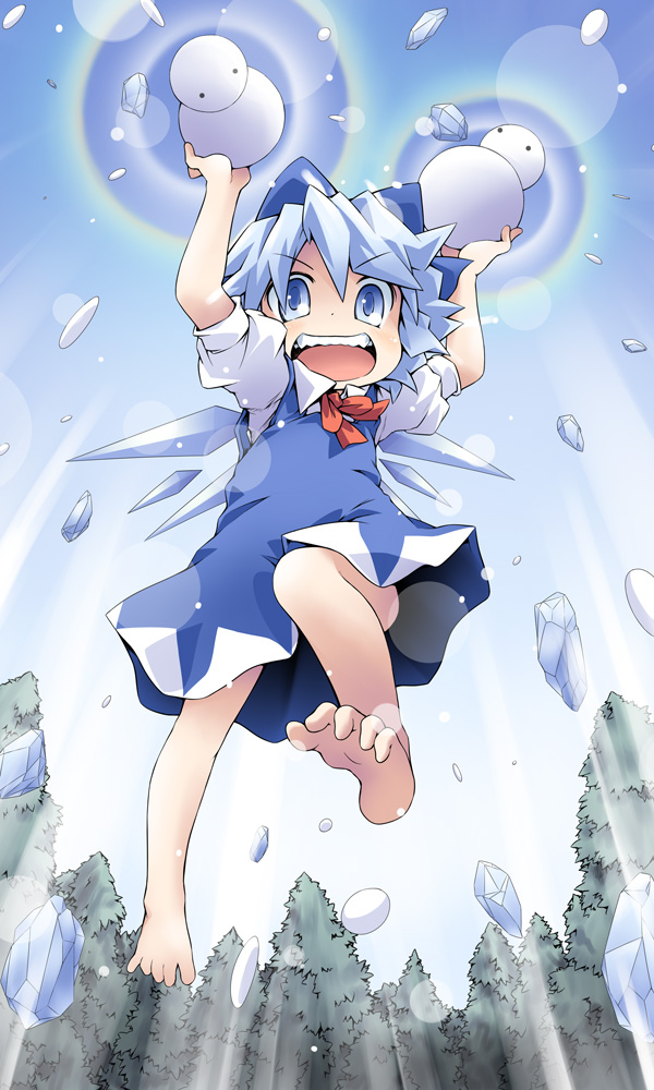 :d bare_legs barefoot blue_eyes blue_hair cirno dual_wielding feet forest ham_(points) holding ice jumping looking_at_viewer nature open_mouth short_hair smile snow snowman solo teeth touhou tree wings