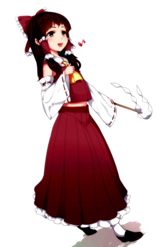 :d ascot bad_id bad_pixiv_id bare_shoulders brown_eyes brown_hair detached_sleeves hair_tubes hakurei_reimu holding long_hair musical_note open_mouth playn simple_background smile solo touhou walking white_background