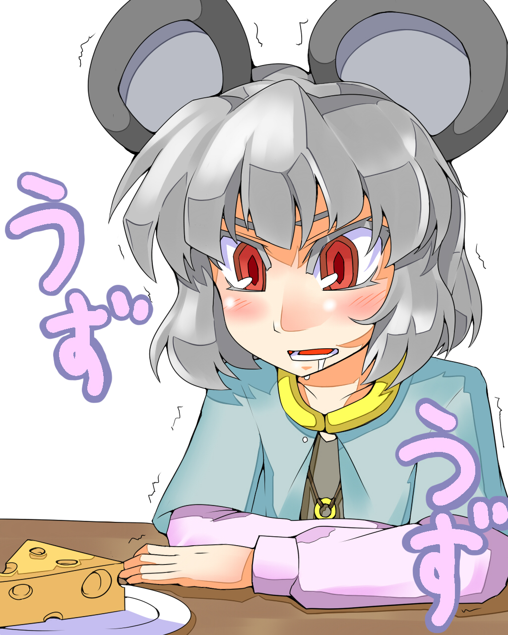 animal_ears bad_id bad_pixiv_id blush capelet cheese drooling food futomashio grey_hair highres long_sleeves mouse_ears nazrin open_mouth plate red_eyes short_hair solo touhou trembling white_background
