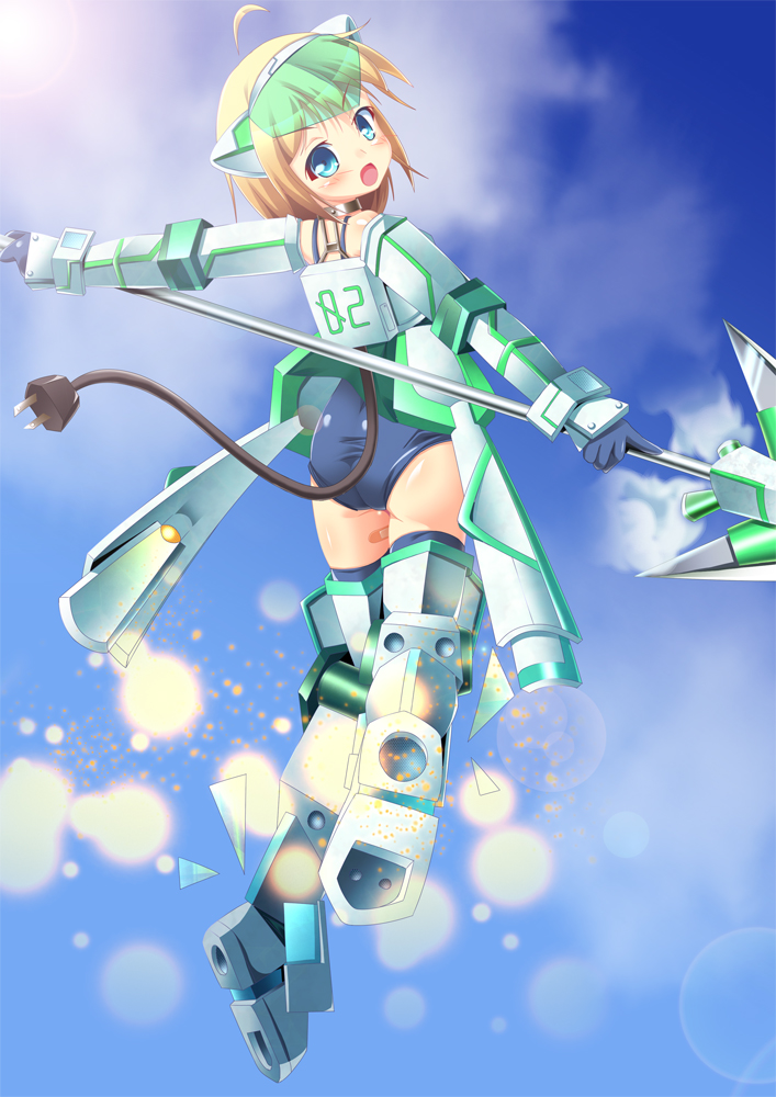 animal_ears armor bandaid blonde_hair blue_eyes blush cloud copyright_request day exoskeleton flying gloves looking_at_viewer open_mouth polearm sekine_irie short_hair sky solo spear swimsuit weapon