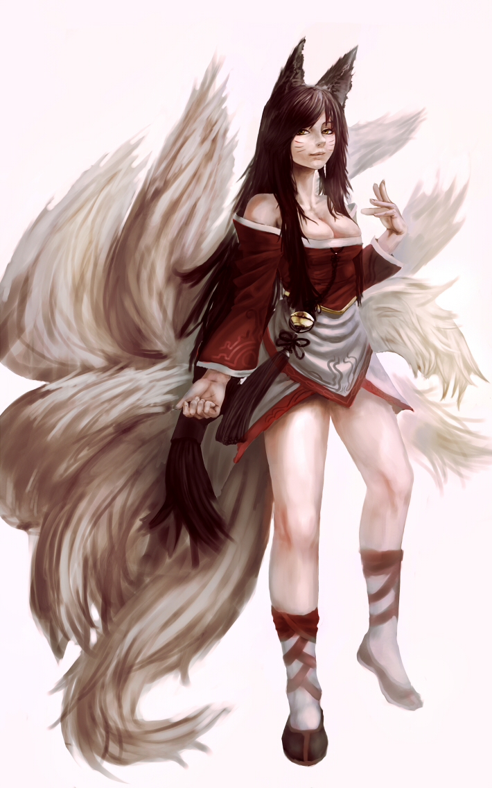 ahri animal_ears bad_id bad_pixiv_id bare_shoulders bell black_hair braid breasts cleavage detached_sleeves facial_mark fox_ears fox_tail korean_clothes league_of_legends long_hair looking_at_viewer mamushi medium_breasts multiple_tails smile solo tail very_long_hair whisker_markings white_background yellow_eyes