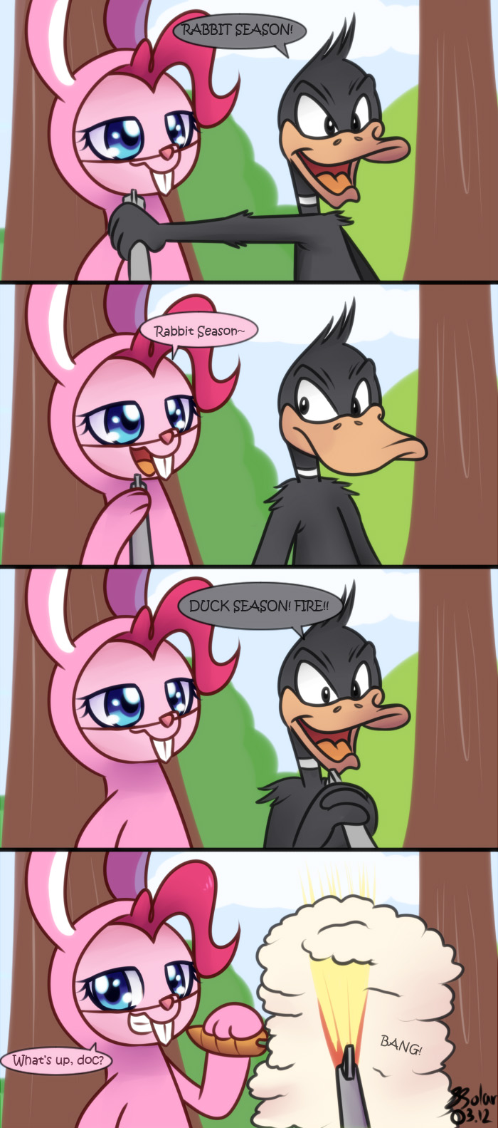 bang blue_eyes bunny_suit bunnysuit carrot clothed clothing comic crossover daffy_duck dialog dialogue duck english_text equine female feral friendship_is_magic fur gun hair horse looney_tunes male mammal my_little_pony outside pink_fur pink_hair pinkie_pie_(mlp) pony ranged_weapon sky smoke solar-slash text tree warner_brothers weapon wood
