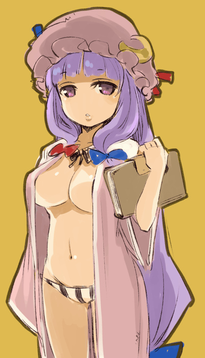 1girl book breasts female hair_ornament hat long_hair mota navel no_bra open_clothes panties patchouli_knowledge purple_eyes purple_hair ribbon robe simple_background solo striped striped_panties touhou underwear