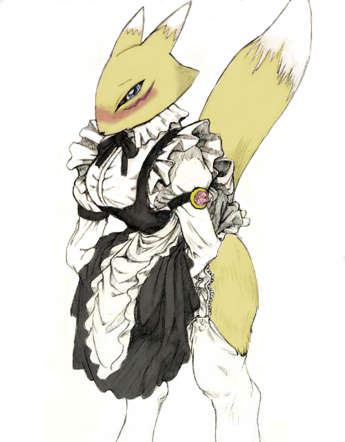 canine digimon female fox fur gear-actua looking_at_viewer maid maid_uniform mammal plain_background renamon solo white_background yellow_fur